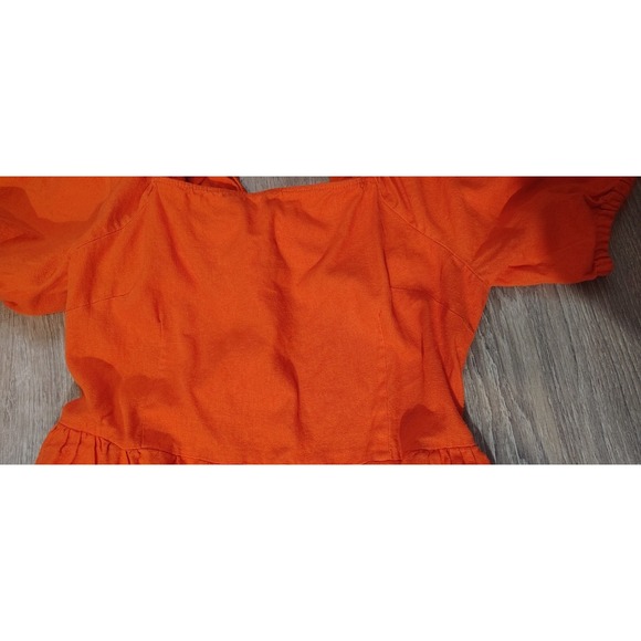 Who What Wear Orange Off Shoulder Puff‎ Sleeve Sundress Linen Blend Elastic Tie - Picture 8 of 12